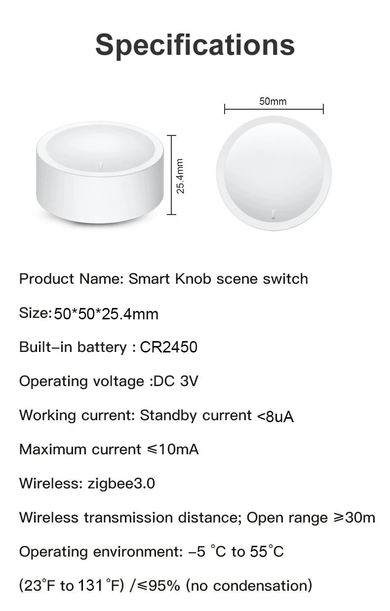 Tuya Zigbee Scene Switch Dimmer Button Knob Controller | Specifications | Works with Tuya Smart Life, Home Assistant, Hubitat, Smart Things | SyncYourHome