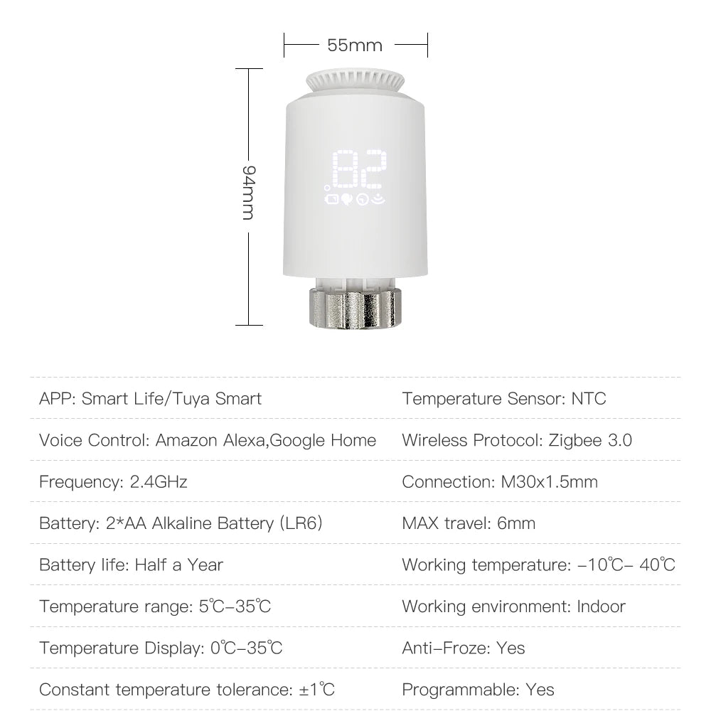 AVATTO Tuya ZigBee 3.0 Smart TRV (TRV06), 55mm by 94mm, specifications