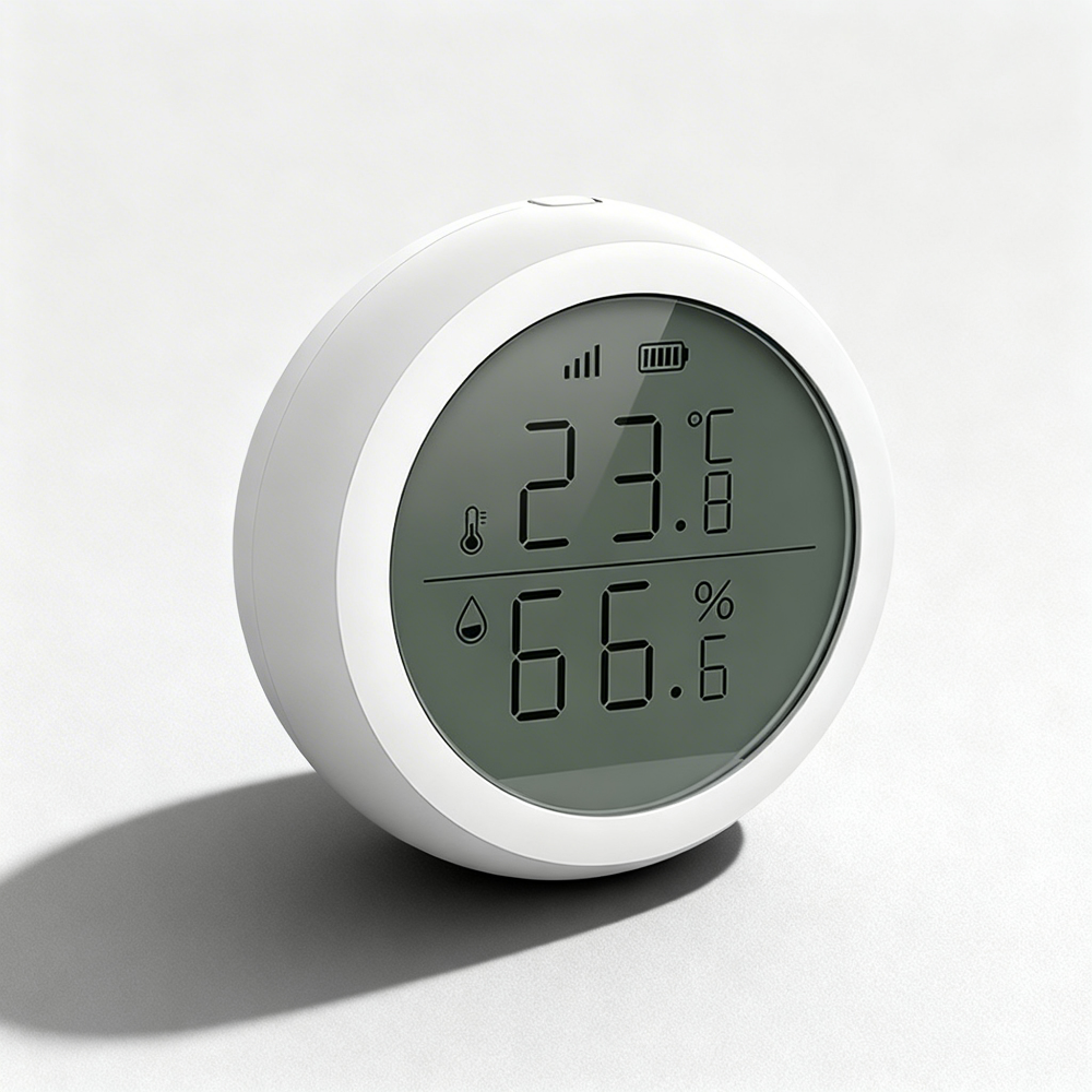 Zigbee temperature and humidity sensor with LCD display on white background