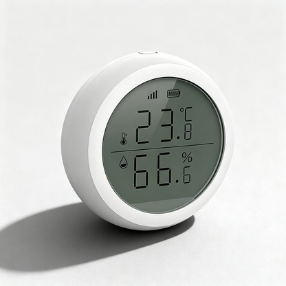 Zigbee temperature and humidity sensor with LCD display on white background