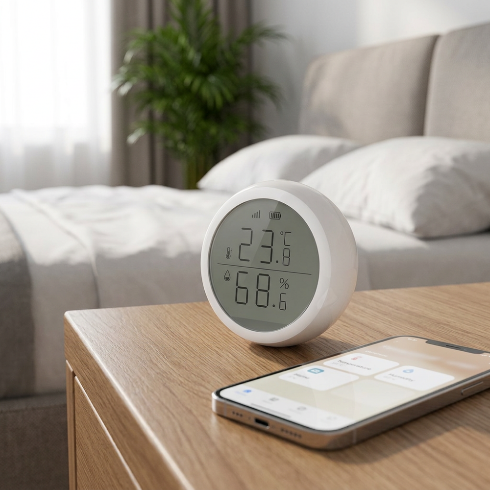 Zigbee temperature and humidity sensor with LCD display and smart home app monitoring