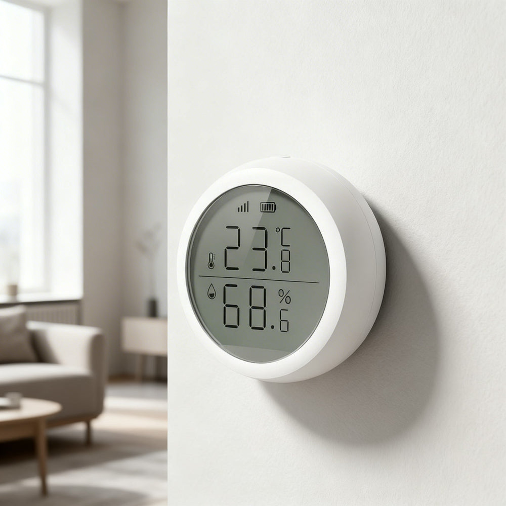 Zigbee temperature and humidity sensor mounted on wall in modern minimal home interior