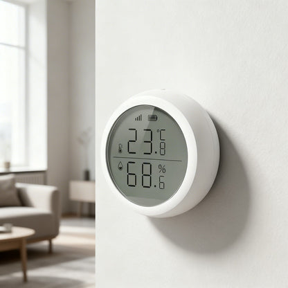 Zigbee temperature and humidity sensor mounted on wall in modern minimal home interior