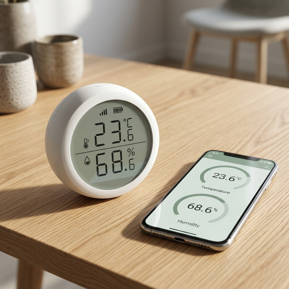 Temperature and humidity sensor with smartphone app showing real-time readings