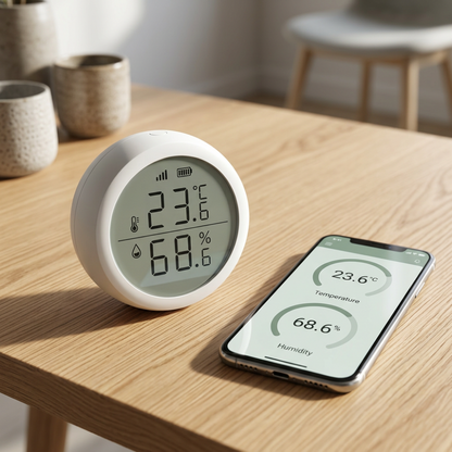 Temperature and humidity sensor with smartphone app showing real-time readings